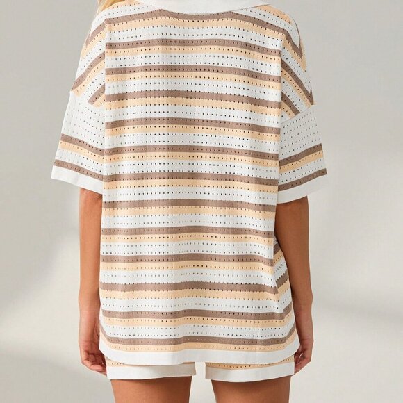 Khaki Casual Women's Stripe Button Crochet Knit Top & Shorts Set - Picture 10 of 10
